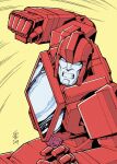 1980s_(style) 1boy autobot blue_eyes casey_w._coller clenched_hand english_commentary highres ironhide mecha no_humans open_hand punching retro_artstyle science_fiction signature solo transformers yellow_background 