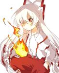 1girl bangs bow buttons closed_mouth collar collared_shirt eyebrows_visible_through_hair fire fujiwara_no_mokou hair_between_eyes hair_bow hand_in_pocket hand_up long_hair long_sleeves looking_at_viewer multicolored multicolored_bow pants puffy_sleeves red_bow red_eyes red_pants sasaki_sakiko shirt simple_background solo touhou white_background white_bow white_hair white_shirt white_sleeves 