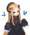  1girl abigail_williams_(fate) animal bangs black_bow black_headwear blonde_hair blue_eyes bow bug butterfly closed_mouth fate/grand_order fate_(series) forehead hair_bow hands_up hat long_sleeves looking_at_viewer miya_(miyaruta) orange_bow parted_bangs simple_background sleeves_past_fingers sleeves_past_wrists smile solo white_background 
