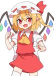  1girl :d ascot back_bow bangs blush bow commentary_request crystal eyebrows_visible_through_hair fang flandre_scarlet hair_between_eyes hat hat_bow highres looking_at_viewer mob_cap nihohohi one_side_up open_mouth pointy_ears puffy_short_sleeves puffy_sleeves red_bow red_eyes red_skirt red_vest short_hair short_sleeves simple_background skirt smile solo thigh-highs touhou vest white_background white_bow white_headwear white_legwear wing_collar wings yellow_neckwear 