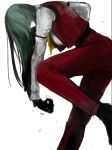  1girl ascot bangs black_footwear black_gloves chinese_commentary commentary foot_out_of_frame gloves green_hair kazami_yuuka kazami_yuuka_(pc-98) leaning_forward long_hair long_sleeves looking_down on_(_l0_) pants red_pants red_vest shirt simple_background solo standing standing_on_one_leg touhou touhou_(pc-98) vest white_background white_shirt yellow_neckwear 