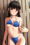  1girl arm_at_side bangs bare_shoulders bikini black_hair blue_bikini blush breasts brown_eyes collarbone cowboy_shot highres long_hair looking_at_viewer low_twintails matsunaga_kouyou navel open_mouth original small_breasts solo standing swimsuit twintails untied untied_bikini upper_teeth wooden_wall 