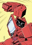  1980s_(style) 1boy autobot casey_w._coller clenched_hand english_commentary highres ironhide mecha no_humans open_hand parody punching retro_artstyle science_fiction signature solo transformers yellow_background 