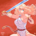  1girl armband blonde_hair blue_eyes breasts character_name dahna:_megami_tanjou dahna_(dahna:_megami_tanjou) fighting_stance fingerless_gloves gloves groin headband highres holding holding_sword holding_weapon medium_breasts red_background roma_no_fuhiga sideboob signature solo sword toga toned upper_body weapon 