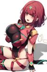  1girl bangs black_gloves breasts chest_jewel ddangbi earrings fingerless_gloves gloves highres jewelry large_breasts pyra_(xenoblade) red_eyes red_legwear red_shorts redhead short_hair short_shorts shorts solo swept_bangs thigh-highs tiara xenoblade_chronicles_(series) xenoblade_chronicles_2 