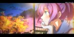  1girl a.f.o absurdres arm_support autumn autumn_leaves azur_lane bangs black_border blurry border close-up commentary_request depth_of_field eyebrows_visible_through_hair green_eyes head_rest highres javelin_(azur_lane) long_hair looking_away purple_hair sidelocks skyline solo tree twilight twitter_username 