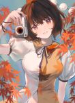  13307815496 1girl absurdres autumn_leaves blue_background blush breasts brown_hair camera collared_shirt cropped_torso english_commentary eyebrows_visible_through_hair hair_between_eyes hat head_tilt highres holding holding_camera large_breasts leaf_print looking_at_viewer pom_pom_(clothes) puffy_short_sleeves puffy_sleeves red_eyes shameimaru_aya shirt short_hair short_sleeves simple_background smile solo tokin_hat touhou upper_body white_shirt 
