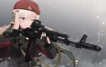  1girl absurdres ak74m_(girls&#039;_frontline) bangs beret blood blue_eyes cape clenched_teeth cuts eyebrows_visible_through_hair fingerless_gloves girls_frontline gloves gun hair_ornament hat highres holding holding_gun holding_weapon injury light_brown_hair long_hair long_sleeves narynn one_eye_closed red_headwear snowflake_hair_ornament solo steam teeth torn_cape torn_clothes upper_body weapon 