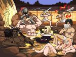 6+boys abs alcohol ass axl_low back black_hair blonde_hair blurry blurry_background bottle boulder breasts brown_hair chipp_zanuff closed_eyes commentary completely_nude crossed_legs dark-skinned_male dark_skin depth_of_field eddie_(guilty_gear) facial_hair fire flexing guilty_gear highres holding holding_bottle holding_weapon hot_springs ky_kiske leo_whitefang long_hair manly mito_anji multiple_boys muscular nagoriyuki naked_towel no_nipples nude onsen outdoors partially_submerged ponytail pose potemkin_(guilty_gear) shoulder_blades sitting smile soaking_feet sol_badguy tina_fate towel very_dark_skin water weapon zato-1