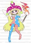  1girl american_flag_legwear american_flag_shirt bangs blonde_hair blue_pants blue_shirt blush clownpiece dotaku_(wran8845) eyebrows_visible_through_hair fairy_wings fire full_body grey_background hat highres jester_cap long_hair looking_at_viewer multicolored multicolored_clothes multicolored_pants multicolored_shirt no_shoes open_mouth pants pink_eyes pink_headwear polka_dot red_pants red_shirt shirt short_sleeves solo standing star_(symbol) star_print starry_background striped striped_background striped_pants striped_shirt torch touhou white_background white_pants white_shirt wings 