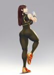  1girl alternate_hairstyle ass blueorca bodysuit bracelet breasts brown_eyes brown_hair bun_cover chun-li coffee_cup cup disposable_cup highres jewelry large_breasts long_hair muscular muscular_female shoes solo street_fighter striped thick_thighs thighs 