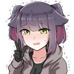  1girl alternate_hairstyle animal_ears arknights black_gloves black_shirt blush cat_ears collarbone colored_inner_hair crying crying_with_eyes_open eyebrows_visible_through_hair gloves green_eyes grey_jacket hand_up heart highres jacket jessica_(arknights) k0ng multicolored_hair open_clothes open_jacket open_mouth pink_hair portrait purple_hair shirt simple_background solo tears trembling twintails two-tone_hair w wavy_mouth white_background 