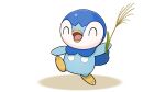  closed_eyes commentary_request full_body holding leg_up no_humans official_art open_mouth piplup pokemon pokemon_(creature) project_pochama smile solo standing standing_on_one_leg toes tongue white_background 