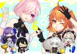  2boys 4girls :3 ahoge anniversary ascot bangs bare_shoulders black_coat black_footwear black_gloves black_hair black_jacket black_neckwear black_pants black_ribbon black_skirt blue_eyes blue_ribbon breasts chaldea_logo charles-henri_sanson_(fate) chibi chinese_clothes coat commentary_request copyright_name cropped_jacket crotch_plate dress eyebrows_visible_through_hair fate/grand_order fate_(series) fingernails flower_tattoo fujimaru_ritsuka_(female) full_body gauntlets gloves green_eyes hair_between_eyes hair_ornament hair_over_one_eye hair_ribbon hair_scrunchie hands_in_pockets hat highres holding holding_hands holy_grail_(fate) interlocked_fingers jacket jewelry kuzuta0807 large_breasts leg_up light_purple_hair long_hair looking_at_another looking_at_viewer looking_to_the_side marie_antoinette_(fate) mash_kyrielight meltryllis_(fate) middle_w miniboy minigirl miniskirt multiple_boys multiple_girls neck_ribbon necklace one_eye_closed one_eye_covered open_mouth orange_eyes orange_hair pants pink_neckwear pocket ponytail prosthesis prosthetic_leg purple_hair red_dress red_gloves red_headwear ribbon saint_quartz_(fate) scrunchie short_hair shrug_(clothing) side_ponytail silver_hair skirt sleeveless sleeveless_dress sleeves_past_fingers sleeves_past_wrists smile tattoo teeth twintails under_the_same_sky upper_body violet_eyes w white_dress white_footwear white_hair white_scrunchie wrist_cuffs yan_qing_(fate) 