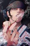  1boy ainu ainu_clothes black_eyes black_hair foreshortening golden_kamuy half-closed_eyes headband highres holding holding_pipe japanese_clothes kimono kirawus_(golden_kamuy) long_sideburns long_sleeves looking_at_viewer male_focus pipe pochomkin_(pcmkn1) print_kimono short_hair sideburns simple_background smoking solo upper_body 