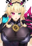  1girl absurdres armor bangs bare_shoulders black_dress black_gloves blonde_hair blue_eyes blush breasts dress earrings elbow_gloves fairy_knight_gawain_(fate) fate/grand_order fate_(series) gauntlets gloves heterochromia highres horns jewelry kuzuta0807 large_breasts leaning_forward long_hair looking_at_viewer necklace open_mouth pauldrons red_eyes shoulder_armor single_gauntlet single_pauldron solo 