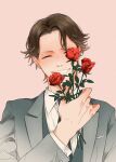  1boy blush closed_eyes facing_viewer flower grey_suit hand_up highres holding holding_flower iamumi joker_game long_sleeves male_focus miyoshi_(joker_game) pink_background red_flower rose short_hair smile solo 