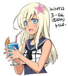  1girl artist_name black_neckwear blonde_hair blue_eyes blue_sailor_collar commentary_request crop_top cup dated drink drinking_straw flower hair_flower hair_ornament holding holding_cup kantai_collection monsuu_(hoffman) neckerchief one-hour_drawing_challenge one-piece_tan ro-500_(kancolle) sailor_collar simple_background solo swimsuit swimsuit_under_clothes tan tanlines upper_body white_background 
