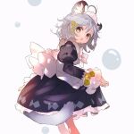  1girl :o animal_ear_fluff animal_ears apron bell black_dress brown_eyes bubble dress eyebrows_visible_through_hair from_side grey_hair head_tilt highres leaning_forward looking_at_viewer maid maid_apron maid_headdress original shake_(noripasuta) short_hair solo 