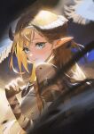  1girl arknights banner bare_shoulders black_gloves blonde_hair blue_eyes blurry blush breasts closed_mouth commentary_request depth_of_field dragon_horns elbow_gloves fingerless_gloves from_side gloves hairband highres horns light looking_at_viewer looking_to_the_side medium_breasts pointy_ears saileach_(arknights) smile solo ttk_(kirinottk) upper_body 
