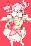  1girl absurdres bloom_into_me15 bow bubble_skirt covering_mouth dress duplicate frilled_dress frills gloves hair_between_eyes hair_bow highres kaname_madoka looking_at_viewer magical_girl mahou_shoujo_madoka_magica peeking_through_fingers pink_background pink_bow pink_dress pink_eyes pink_hair pink_theme pixel-perfect_duplicate puffy_short_sleeves puffy_sleeves red_background ribbon short_sleeves short_twintails simple_background skirt solo soul_gem twintails white_gloves white_skirt 