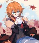  1girl ahoge autumn_leaves bangs black_jacket blowing blue_eyes breasts char_(vtuber) coffee commission cup denim fur_trim glasses grey_sweater highres holding holding_cup indie_virtual_youtuber jacket jeans medium_breasts mug orange_hair pants red_scarf ribbed_sweater scarf second-party_source shake_(noripasuta) short_hair_with_long_locks sitting skeb_commission solo sweater virtual_youtuber 