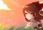  1girl :/ bangs bare_shoulders blurry blurry_background blurry_foreground bow brown_hair closed_mouth clouds commentary_request detached_sleeves expressionless eyebrows_behind_hair frilled_bow frilled_hair_tubes frilled_shirt_collar frills hair_between_eyes hair_tubes hakurei_reimu highres long_hair looking_at_viewer looking_back majime_joe outdoors petals red_bow red_eyes red_vest sidelocks solo touhou twilight vest 