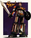  absurdres biorobo_(choudenshi_bioman) choudenshi_bioman highres holding holding_shield holding_sword holding_weapon looking_at_viewer mecha moyan no_humans procreate_(medium) shield standing super_robot super_sentai sword tokusatsu weapon yellow_eyes 