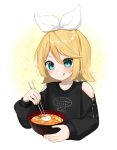  1girl :q bangs bare_shoulders black_shirt blonde_hair blue_eyes blush bowl chopsticks closed_mouth clothes_writing clothing_cutout commentary cropped_torso eyebrows_visible_through_hair food hair_between_eyes hair_ornament hair_ribbon hairclip highres holding holding_bowl holding_chopsticks kagamine_rin long_sleeves oyakodon_(food) puffy_long_sleeves puffy_sleeves reirou_(chokoonnpu) ribbon romaji_text shirt shoulder_cutout smile solo symbol-only_commentary tongue tongue_out translation_request upper_body vocaloid white_ribbon 