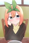  1girl bangs black_jacket blue_eyes blush chair closed_mouth commentary_request eyebrows_behind_hair go-toubun_no_hanayome green_ribbon hair_between_eyes hair_ribbon highres indoors jacket kujou_karasuma long_sleeves looking_at_viewer nakano_yotsuba on_chair orange_hair ribbon shirt signature sitting sleeves_past_wrists smile solo table upper_body window yellow_shirt 