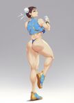  1girl ass bikini blueorca bracelet breasts brown_eyes brown_hair bun_cover chun-li coffee_cup cup disposable_cup double_bun highres jewelry large_breasts muscular muscular_female shoes solo street_fighter striped swimsuit thick_thighs thighs 