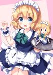  1girl alice_margatroid apron arm_up bangs black_eyes black_footwear blonde_hair blue_dress blue_eyes blush bow bowtie braid breasts collar collared_shirt cosplay doll dress eyebrows_visible_through_hair green_bow green_neckwear hair_between_eyes hair_bow hand_up hands_up highres izayoi_sakuya izayoi_sakuya_(cosplay) kneehighs knife long_hair looking_at_viewer looking_to_the_side maid maid_headdress medium_breasts one-hour_drawing_challenge pink_background puffy_short_sleeves puffy_sleeves ruu_(tksymkw) shanghai_doll shirt shoes short_hair short_sleeves smile solo standing touhou tray twin_braids weapon white_apron white_legwear white_shirt white_sleeves wrist_cuffs 