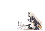  1girl animal_ears black_coat black_footwear black_gloves blonde_hair boots cat_ears cat_mask coat from_side girls_frontline gloves headpat huqu long_hair long_sleeves mask mouth_mask negative_space petting simple_background solo squatting white_background 