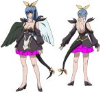  1girl asymmetrical_wings black_dress blue_hair breasts character_sheet dizzy_(guilty_gear) dress feathered_wings guilty_gear guilty_gear_vastedge_xt high_heels large_breasts long_hair official_art ponytail red_eyes ribbon tail wings yellow_ribbon 
