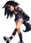  1girl absurdres animal_ear_fluff animal_ears bare_shoulders black_hair black_jacket black_legwear bright_pupils brown_eyes closed_mouth fox_ears fox_tail hair_between_eyes highres jacket kaamin_(mariarose753) kneehighs long_hair long_sleeves looking_at_viewer messy_hair off_shoulder original outstretched_arms shoes shorts simple_background sneakers solo tail walking white_background white_footwear white_shorts 