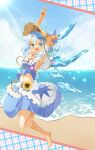  1girl arm_up armpits barefoot beach blue_bow blue_eyes blue_hair blue_nails blue_sky blush bow breasts cirno commentary_request dark-skinned_female dark_skin dress flower frilled_dress frills hair_bow hat highres ice ice_wings midriff nail_polish navel ocean open_mouth red_neckwear red_ribbon ribbon sefushi sky small_breasts solo straw_hat sunflower tanned_cirno touhou v v-shaped_eyebrows wings 