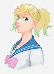  1girl a_ichiro blonde_hair blue_sailor_collar closed_mouth gradient_hair green_eyes kageki_shoujo!! lips looking_at_viewer multicolored_hair portrait sailor_collar school_uniform serafuku simple_background solo twintails watanabe_sarasa white_background 