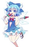  (9) 1girl :d absurdres adapted_costume bangs blue_bow blue_dress blue_eyes blue_hair bow bowtie caramell0501 cirno cirno_day dress eyebrows_visible_through_hair food frilled_bow frills fruit hair_bow heart highres holding holding_food ice ice_wings looking_at_viewer open_mouth red_bow red_neckwear sandals short_hair simple_background smile solo standing standing_on_one_leg touhou watermelon white_background wings 