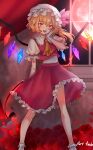  1girl :d absurdres alice_tam ascot bangs blonde_hair blush bobby_socks commentary_request crystal curtains eyebrows_visible_through_hair fang flandre_scarlet flower frilled_shirt_collar frilled_skirt frills full_body hand_to_own_mouth hat hat_ribbon heart highres holding holding_weapon laevatein_(touhou) looking_at_viewer mary_janes mob_cap moon one_side_up open_mouth petals puffy_short_sleeves puffy_sleeves red_eyes red_footwear red_ribbon red_skirt red_vest ribbon rose rose_petals shoes short_sleeves side_ponytail simple_background skirt smile socks solo standing touhou vest weapon white_background white_headwear white_legwear window wings yellow_neckwear 