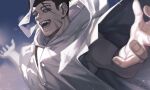  1boy arms_at_sides bandages black_eyes black_hair breath cape derivative_work facial_hair foreshortening from_side goatee golden_kamuy hair_slicked_back hair_strand highres hood hooded_cape looking_at_viewer male_focus midomido ogata_hyakunosuke one_eye_closed scar scar_on_cheek scar_on_face short_hair sideburns smile solo stubble undercut upper_body wind 
