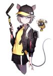  1girl absurdres animal_ears arknights bangs baseball_cap beudelb black_jacket click_(arknights) closed_mouth fingerless_gloves gloves grey_eyes grey_hair hat highres jacket mouse_ears mouse_girl mouse_tail pantyhose shirt short_hair single_fingerless_glove solo staff tail yellow_shirt 