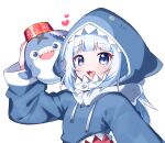  1girl :d animal_hood bloop_(gawr_gura) blue_eyes blue_hair blue_hoodie blush commentary_request drawstring gawr_gura hand_up heart highres hololive hololive_english hood hood_up hoodie long_hair long_sleeves looking_at_viewer multicolored_hair open_mouth romaji_commentary shark_hood sharp_teeth smile streaked_hair teeth tosyeo upper_body virtual_youtuber white_hair wide_sleeves 