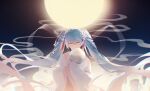  1girl ame_(10286367) backlighting blue_hair blue_nails chinese_clothes chuushuu_meigetsu_miku closed_eyes facing_viewer floral_print flower full_moon hagoromo hair_flower hair_ornament hair_tassel hand_fan hatsune_miku highres holding holding_fan light_smile long_hair moon night night_sky outdoors paper_fan red_skirt shawl skirt sky solo standing tassel twintails uchiwa upper_body very_long_hair vocaloid white_flower white_robe wide_sleeves 