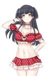  1girl bangs bikini bikini_skirt black_choker black_hair blunt_bangs bracelet breasts brown_eyes choker cowboy_shot frilled_bikini frills halter_top halterneck hand_on_hip hand_up heart heart_print highres idolmaster idolmaster_shiny_colors jewelry large_breasts long_hair looking_at_viewer mayuzumi_fuyuko navel print_bikini red_bikini simple_background smile solo swimsuit two_side_up white_background zatsu 