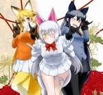  3girls ;) ;d animal_ears bangs bare_legs black_gloves black_hair black_legwear black_skirt blonde_hair blue_jacket blush bow bowtie breast_pocket brown_gloves brown_hair buttons closed_mouth commentary_request extra_ears eyebrows_visible_through_hair ezo_red_fox_(kemono_friends) feet_out_of_frame floral_background flower fox_ears fox_girl fox_shadow_puppet fox_tail fur-trimmed_sleeves fur_trim gloves gradient gradient_legwear grey_hair hair_between_eyes highres jacket kemono_friends leaning_forward long_hair long_sleeves looking_at_viewer miniskirt multicolored_hair multiple_girls mun oinari-sama_(kemono_friends) one_eye_closed open_mouth orange_eyes orange_jacket pantyhose parted_lips pleated_skirt pocket sidelocks silver_fox_(kemono_friends) skirt smile standing tail thigh_strap two-tone_hair very_long_hair white_gloves white_jacket white_skirt yellow_eyes 
