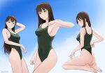  1girl artist_name back bare_legs barefoot blue_sky blush breasts brown_hair collarbone competition_swimsuit covered_navel darkpulsegg eyebrows_visible_through_hair feet_out_of_frame girls_frontline green_eyes green_swimsuit highleg highres long_hair looking_at_viewer looking_to_the_side m4a1_(girls&#039;_frontline) medium_breasts multicolored_hair one-piece_swimsuit sitting sky smile soles solo standing swimsuit thighs 