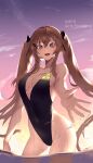  1girl black_swimsuit breasts brown_eyes brown_hair casual_one-piece_swimsuit character_name commentary_request cowboy_shot girls_frontline gradient_sky highleg highleg_swimsuit highres long_hair looking_at_viewer medium_breasts one-piece_swimsuit outdoors saturndxy scar scar_across_eye sky soaking_feet solo sunset swimsuit twintails ump9_(girls&#039;_frontline) water 
