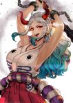  1girl armpits bare_arms bare_shoulders breasts club_(weapon) cowboy_shot cuffs curled_horns earrings green_hair hair_ornament hair_stick hakama hakama_pants highres horns japanese_clothes jewelry kanabou kimono large_breasts long_hair magion02 multicolored_hair one_piece oni pants red_eyes red_horns rope shackles shimenawa sleeveless sleeveless_kimono solo two-tone_hair weapon white_hair yamato_(one_piece) 
