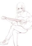  1girl acoustic_guitar cat crossed_legs earrings guitar highres holding holding_instrument instrument invisible_chair jewelry medium_hair monochrome nekojira original pants parted_lips shoes simple_background sitting smile solo spot_color sweater white_background 