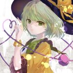  13307815496 1girl bangs black_headwear blouse bow collar collared_blouse crystal eyebrows_visible_through_hair eyes_visible_through_hair frills green_eyes green_hair hand_up hat hat_bow highres jewelry komeiji_koishi long_sleeves looking_at_viewer open_mouth pointing short_hair smile solo third_eye touhou wide_sleeves wrist_cuffs yellow_blouse yellow_bow 